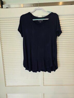 Soft Surroundings Navy Blue Long TShirt Tunic with ruffle flounce hem, Size M
